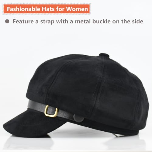 Newsboy Hats for Women - Retro Classic Plaid Hat Fashionable British Irish Beret Cap Girls Vintage Dressy Caps - color: Faux Suede Black