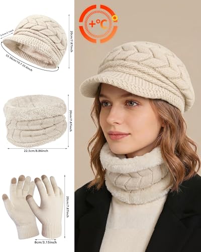 Loritta 3 in 1 Womens Winter Hat Gloves Scarf Set, Warm Hat Mittens - color: Beige