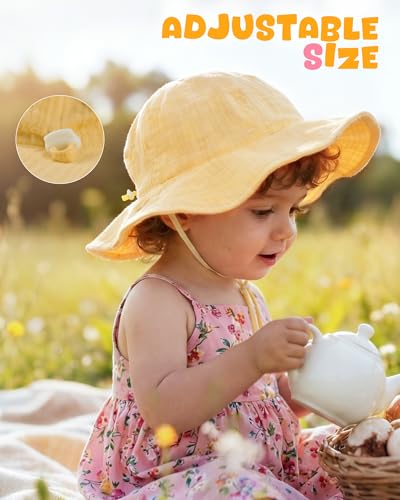 HONGTEYA Baby Sun Hat Muslin Wide Brim Toddler Girl Beach Bucket Hat - color: Yellow/Stripe, size: 0-6 Months