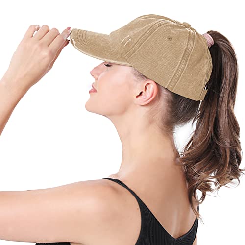 Criss Cross Ponytail Hat Women Washed Distressed Baseball Caps Adjustable High Messy Bun Ponycap - color: B - Denim Khaki