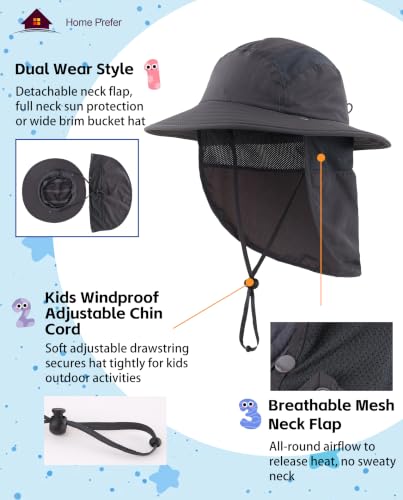 Home Prefer UPF 50+ Boys Sun Hat with Neck Flap Wide Brim Summer Beach Bucket Hat for Boys Girls Toddler Kids Safari Hat - color: Dark Gray