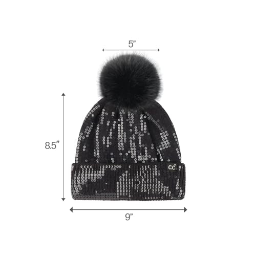 C.C Sequin Pom Beanie for Women - Acrylic Stretchable Soft Warm Knit Winter Skully Hat with Yarn Pom - color: Clear Sequin-black