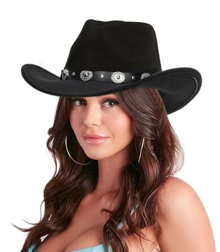 Black Cowboy Cowgirl Hat for Women Men Western Style Wide Brim Felt Fedora Panama Hat with Detachable Belt Buckle - color: Black-style a