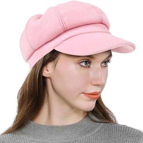 Women’s Newsboy Cap Wool Blend Retro Solid Color Girls Fashion Gatsby Cabbie Visor Beret Hat - color: Pink