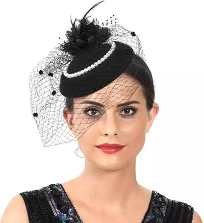 Fascinators Tea Party Hats with Veil - 20s 50s Pillbox Hat Cocktail Tea Party Headwear Church Derby Hat for Women