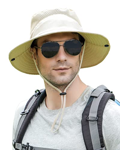 Mens Sun Hat Wide Brim Breathable Mesh UPF 50+ Waterproof Fishing Hat Safari Hat Foldable Boonie Cap - color: A-khaki