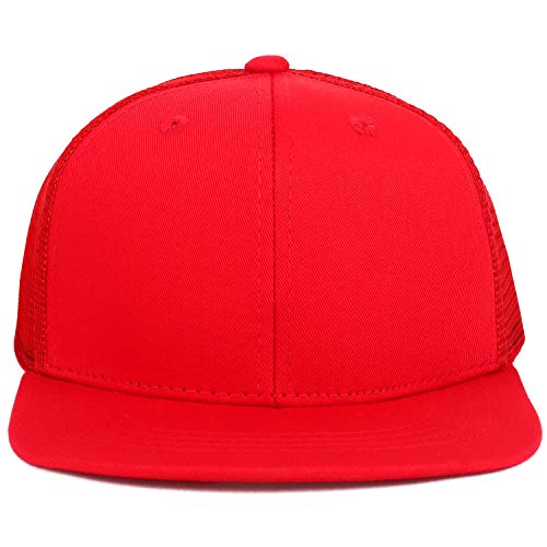 Youth Stylish Flat Bill Structured Mesh Back Snapback Trucker Cap - color: Red Red
