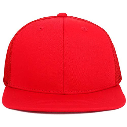 Youth Stylish Flat Bill Structured Mesh Back Snapback Trucker Cap - color: Red Red