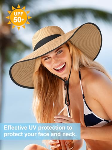 Floppy Sun Hats for Women, Summer Wide Brim Straw Beach Hat - color: Khaki Black, size: Large