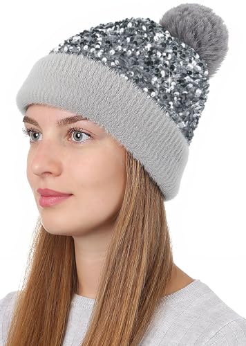 Babalet Winter Beanie Hats for Women Velvet Sequined Slouchy Skull Warm Fuzzy Pompon Cap Outdoor Windproof Ski Knit Cap - color: Grey