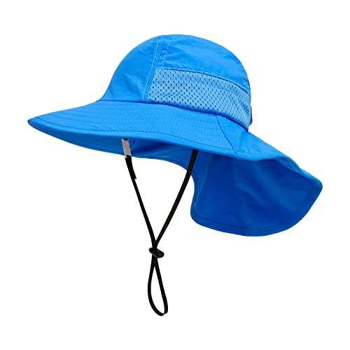 XIAOHAWANG Girls Sun Hat Baby Beach Hats Boys UPF 50+ Kids Summer Protection Cap Toddler Breathable Caps Wide Brim Neck Flap - color: Blue, size: 2-6 Years