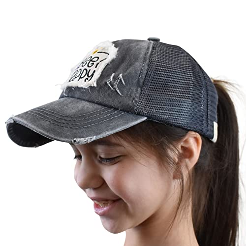 C.C. Childrens' Kids' Girls' Criss Cross High Bun Adjustable Mesh Trucker Baseball Cap - color: Bee Happy, Charcoal