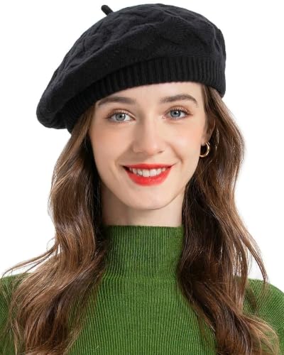 ZLYC Women French Beret Hat Reversible Solid Color Knit Warm Artist Cap - color: Cable Pattern Black