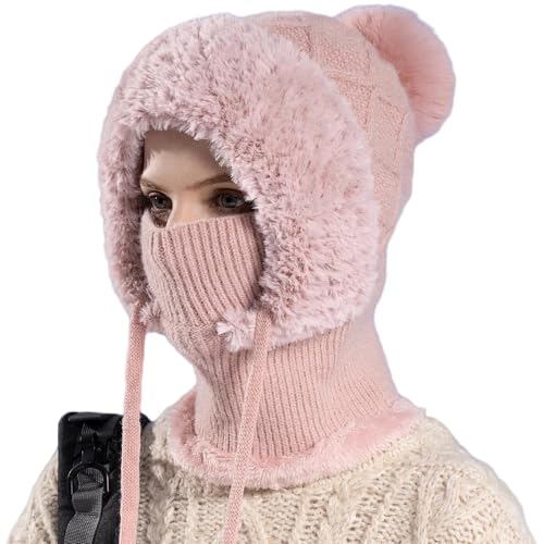 HUAMULAN Women Cable Knit Balaclavas Winter Fleece Lined Beanie Hat - color: Pink With String