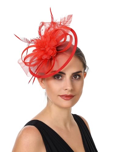 Women's Organza Church Vintage Wedding Fascinator Tea Party Wedding Hat Summer - color: Hj11-red