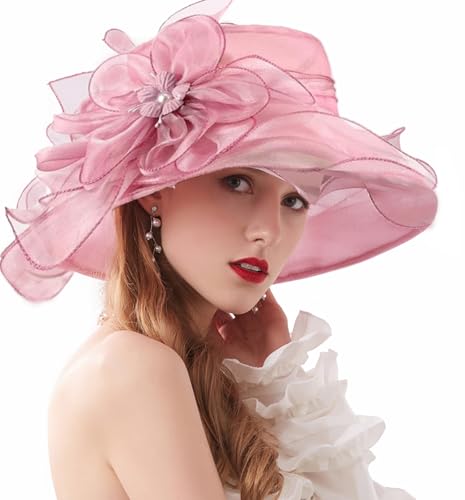 Organza Fascinator Hat - Women’s Wide Brim Church Bridal Tea Party Wedding Hat - color: 02a-pink-purple