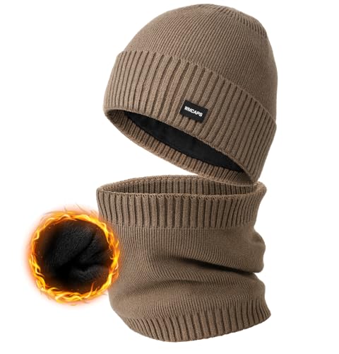 Wmcaps Fleece Lined Beanie Scarf Set, Warm Knit Hat for Men Women - color: Brown