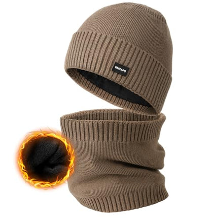 Wmcaps Fleece Lined Beanie Scarf Set, Warm Knit Hat for Men Women - color: Brown