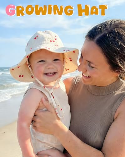 HONGTEYA Baby Sun Hat Muslin Wide Brim Toddler Girl Beach Bucket Hat - color: Pink/Cherry, size: 6-24 Months