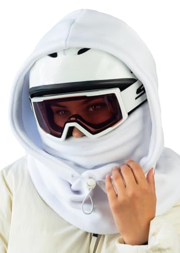 Fleece Balaclava Over Helmet - Warm Helmet Ninja Hood - Snowboard Hooded Hat Neck Gaiter Ski Mask - color: White, size: One Size