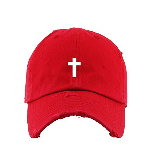 Cross Vintage Baseball Cap Embroidered Cotton Adjustable Distressed Dad Hat - color: Red