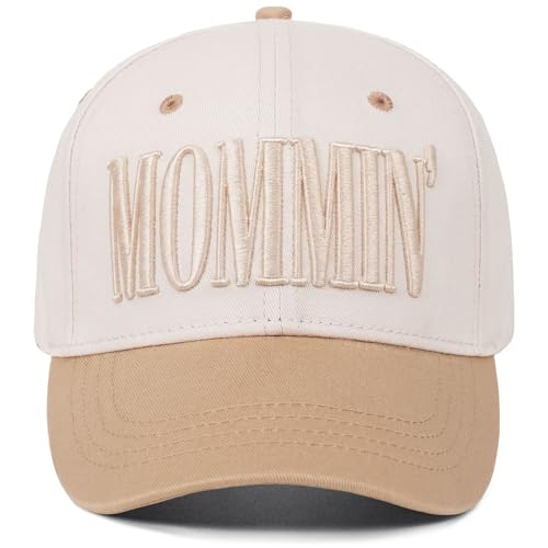 Mommin Trucker Hat for Women, Vintage Two-Tone mom hat with Mommin 3D Embroidery, New Mom Gifts Mothers Day Outfits - color: Light Khaki