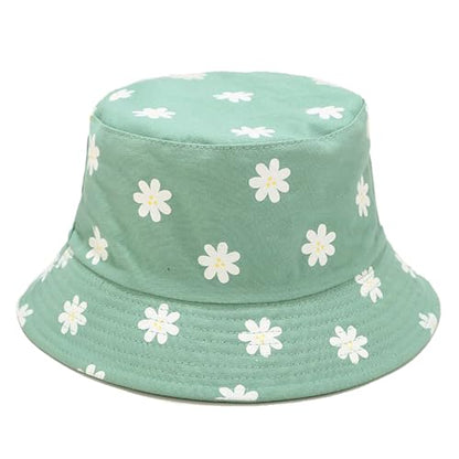 Bucket Hat for Women Men, Cotton Reversible Double Side Wear Sun Hats Beach Fisherman Hat - color: Flower Green