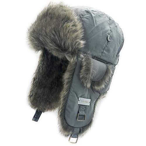 Winter Trapper Hat for Men and Women,Russian Ushanka Aviator Warm Cold Proof Ski Hunting Cycling Winter Hats - color: Grey Taslon Faux Fur, size: XX-Large-3X-Large