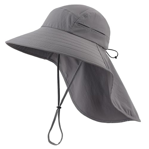 Home Prefer UPF 80+ Sun Hat for Men Women Wide Brim Sun Hat with Neck Flap Summer Beach UV Protection Gardening Fishing Hat - color: Dark Grey