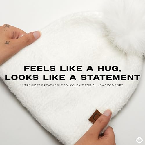 Funky Junque Beanie for Women Ultra Soft Chenille Faux Fur Pom Pom Winter Hats Warm Ski Cap Fashion - color: Ivory