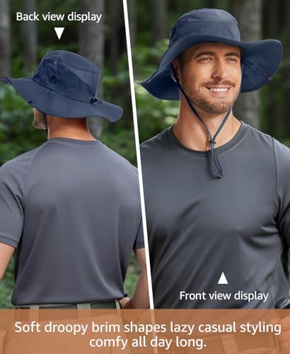 Wide Brim Sun Hat for Men Women, UPF 50+ Waterproof Packable Bucket Boonie Safari Fishing Hat - color: Navy