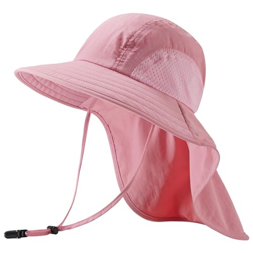 BASSDASH Kids UPF 50+ Wide Brim Sun Hat with Neck Flap Lightweight Cooling Performance Toddler Girls Boys Outdoor Play Hats - color: Pink, size: Small