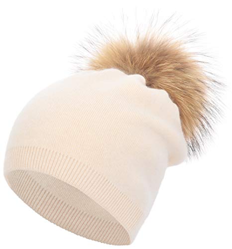 Women's Double Layer Winter Slouchy Knit Beanie Hat with Real Fur Pom Pom - color: Beige