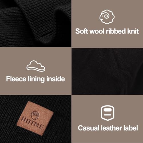 Merino Wool Beanie Hat for Women, Fleece Lined Pure Wool Ribbed Knit Warm Winter Cuffed Cap