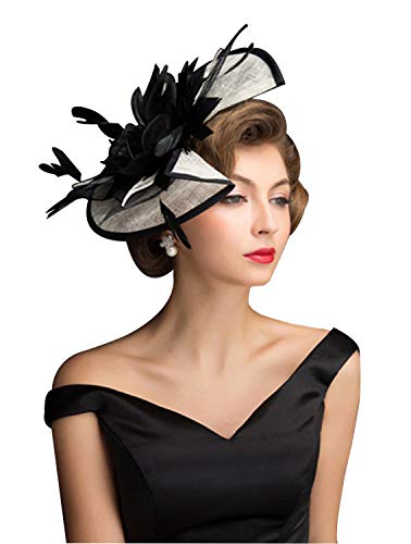 ORIDOOR Women Fascinators Derby Church Tea Party Wedding Flower Feathers Headpiece with Headband Clips - color: 02-black