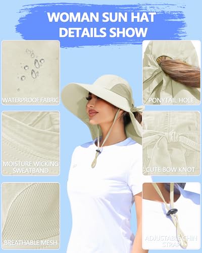 Womens Sun Hat Outdoor UV Protection Wide Brim Fishing Hat with Ponytail Hole Neck Flap for Beach Hiking Camping - color: Beige