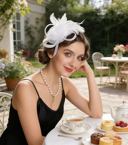SAFERIN Women's Fascinators Feathers Tea Party Hat Veil Headband with Hair Clip for Cocktail Church - color: M-white