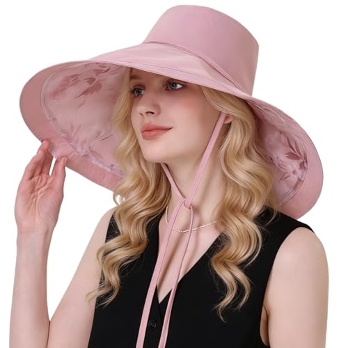 Wide Brim Sun Hat for Women Reversible Beach Hats Metal Wired Edge Gardening Hats, UPF 50+ Bucket Summer Hat - color: Pink Floral