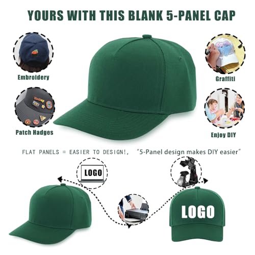 12 Pack Seamless Baseball Caps Wholesale Bulk - No Center Seam, DIY Friendly, Adjustable Breathable Lightweight for Men Women - color: Dark Green