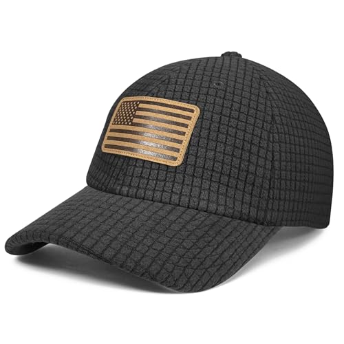 OUTDOOR SHAPING Grid Fleece Dad Cap with American Flag Embroidery & Leather Patch, Waffle Baseball Cap for Men Women - color: Black/Leather Flag
