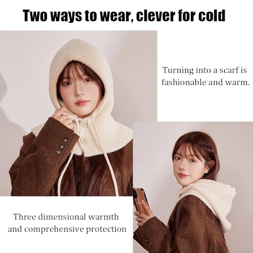 MIUP00 Windproof Warm Hooded Scarf Hat,Balaclava Women Winter Hats,Ladies Autumn and Winter Knitted hat Pullover,Off White - color: Off-white
