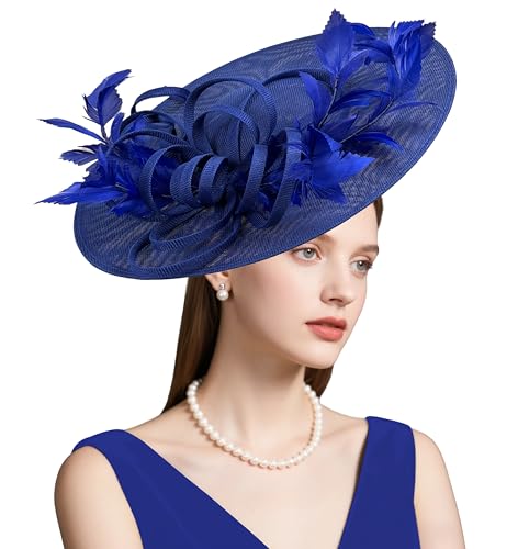 dressfan Fascinator Hats for Women,Linen Vintage Feather Headwear for Derby/Church/Wedding/Cocktail/Tea Party - color: Royal Blue