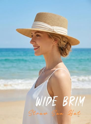Straw Sun Hats for Women Summer Beach Wide Brim Boater Hat Fashion Travel Vacation Fedora Panama UPF 50+ - color: Khaki Beige