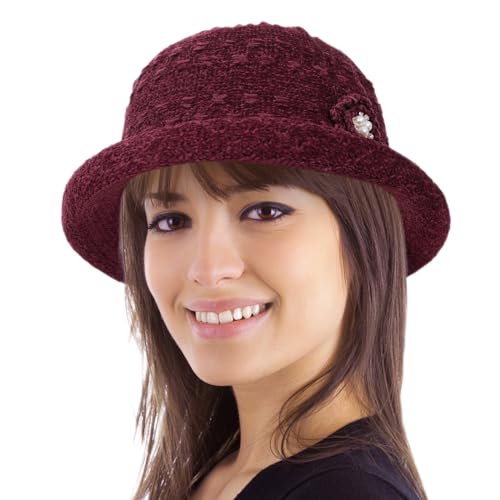 Women Winter Knit 1920s Vintage Bucket Bowler Hat Round Brim Warm Hat - color: 2red