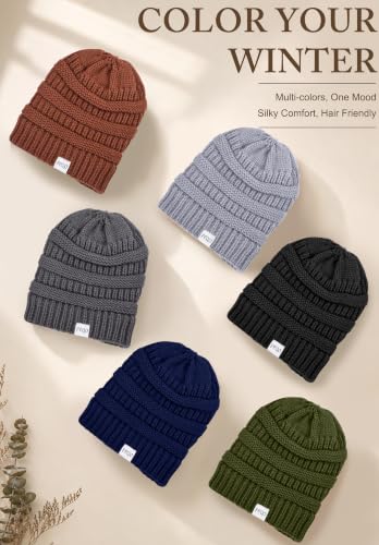 FEQO 6 Pack Satin Lined Beanies Slouchy Beanie Oversized Cable Knit Caps - color: Black, Dark Gray, Light Grey, Khaki, Army, Navy