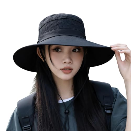 Sun Hats for Women Outdoor Breathable Wide Brim Hat Mesh Ponytail Hole Bucket Hat - color: Black