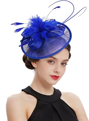 Z&X Sinamay Fascinator Hat Floral Feather Pillbox Derby Hats for Women Wedding Tea Party with Headband Clip - color: 007 Royal Blue