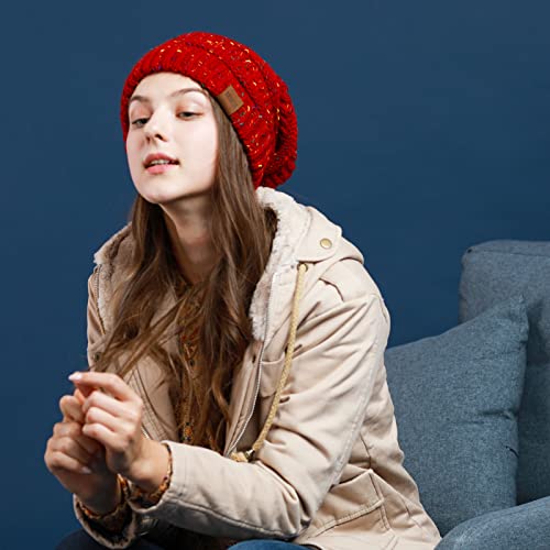 REDESS Slouchy Beanie Hat for Men and Women Winter Warm Knit Hat Chunky Soft Oversized Cable Cap - color: B3 Wine Red