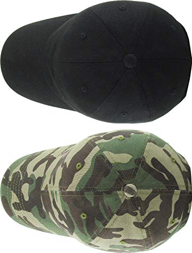 KBETHOS Classic Unisex Cotton Adjustable Low Crown Baseball Cap – Plain Dad Hat - color: Black + Camo (2 Pack)