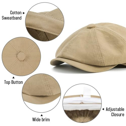 BOTVELA Men's Newsboy Gatsby Hat Cotton Cabbie Cap - color: Khaki, size: 7 1/4